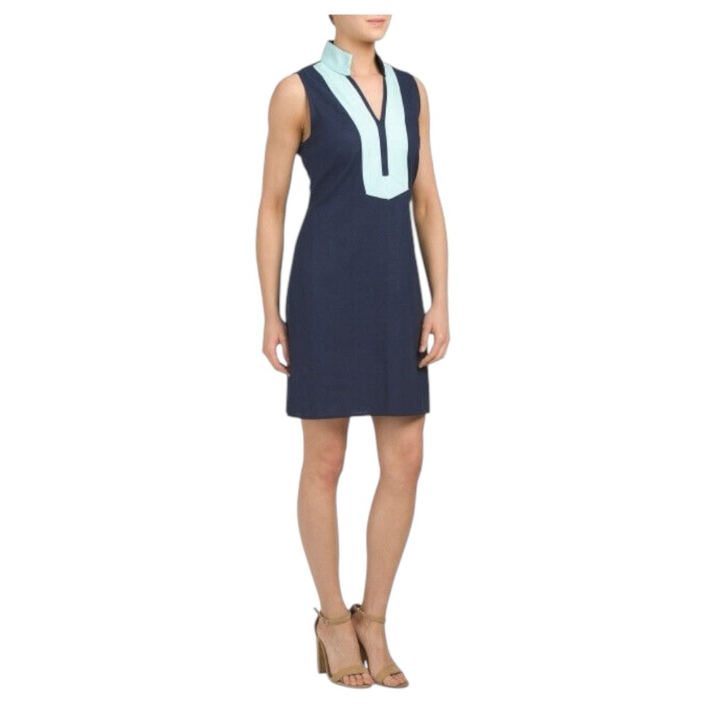 STS Sail to Sable NAVY LINEN SLEEVELESS CLASSIC TUNIC W/ TURQUOISE  TRIM XS